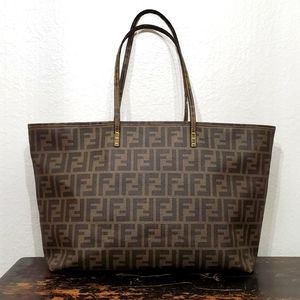 Authentic FENDI Spalmati Large Brown FF Zucca Canvas Tote Shoulder